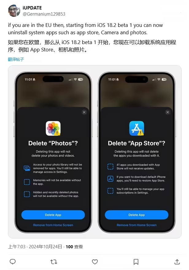 精河苹果手机维修分享iOS 18.2 支持删除 App Store 应用商店 