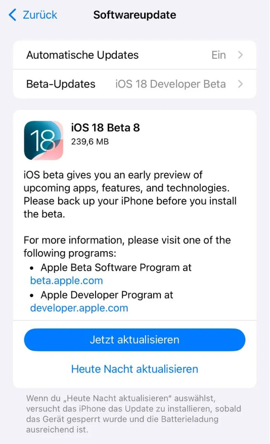 精河苹果手机维修分享苹果 iOS / iPadOS 18 开发者预览版 Beta 8 发布 